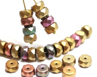 Golden Czech Glass Rondelle Beads: Metallic Matte Gold Faceted Spacers (15Pc)
