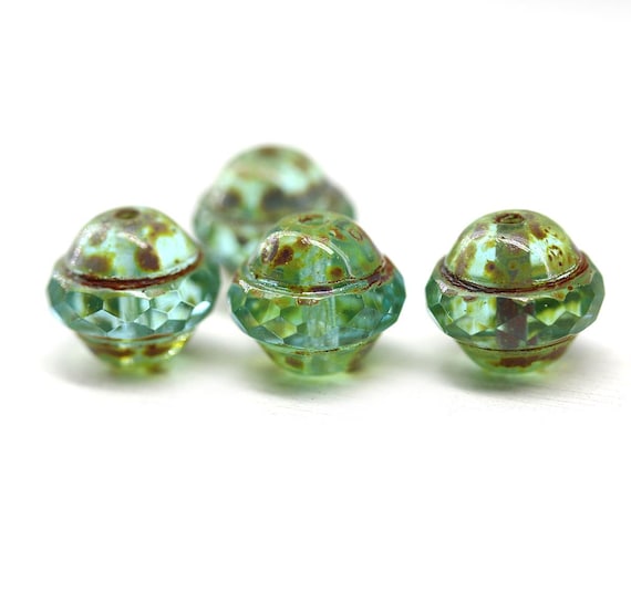 Blue Green Picasso Czech Glass Saturn Beads: UFO Saucer Shape (4pc)