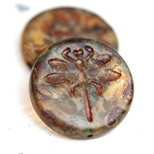 23mm Dragonfly Czech glass beads, Picasso brown flat round beads tablet shape rustic glass dragonfly bead - 2Pc - 0460