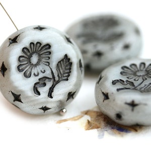 22mm Light Grey Czech Glass Flower Bead: Black Inlay Floral Ornament