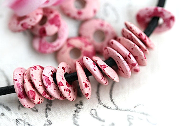 Pink Cornflake beads greek Ceramic rondelle beads, organic shape, donut washer, 10mm 20pc 2763 image 1