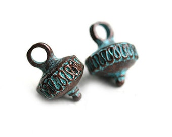 Boho jewelry charms Green patina drop charms Patinated Ornament copper bead Lead Free Greek metal casting - 2Pc - F136
