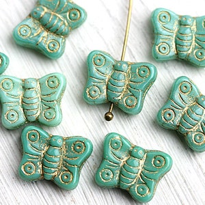 Turquoise green Butterfly beads mix, golden inlays, gold wash czech glass beads, butterflies 8pc 1371 image 2