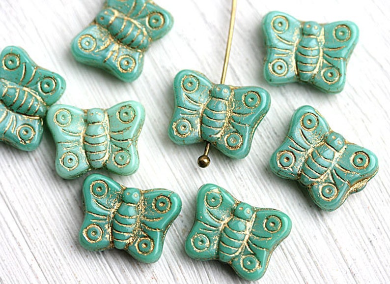 Turquoise green Butterfly beads mix, golden inlays, gold wash czech glass beads, butterflies 8pc 1371 image 2