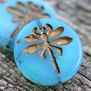 Czech Dragonfly beads, Opal Aqua blue czech glass beads, large round beads, tablet shape, blue glass beads - 23mm - 2Pc - 2689