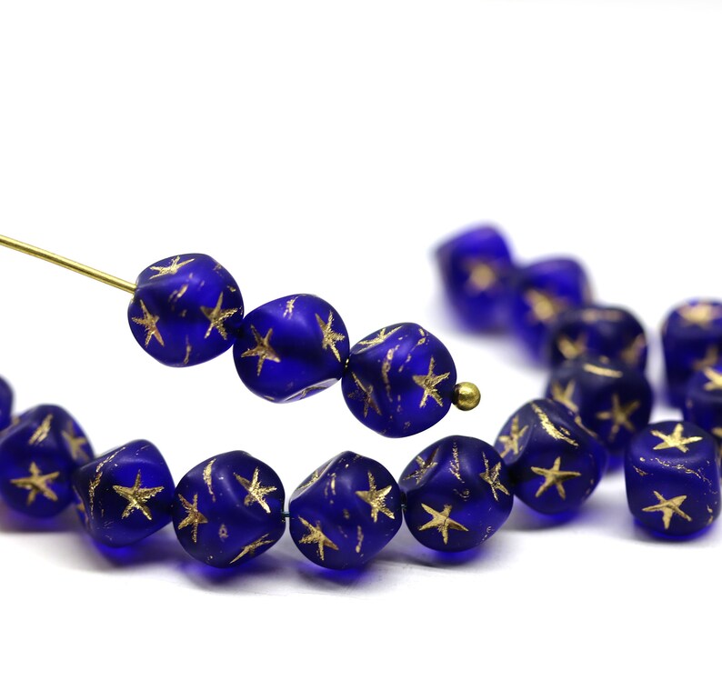 7mm Dark blue cube beads gold silver stars ornament czech glass cubes 20pc image 9