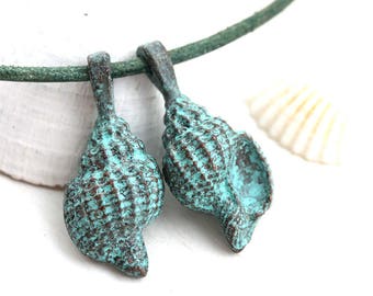 Green Patina Shell Charms: Copper Seashell Pendants (2 Pcs)