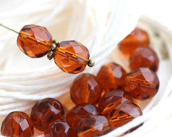 8mm round beads, Topaz glass czech beads, Fire polished, round faceted spacers - 15Pc - 2097