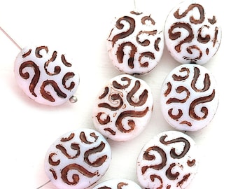 White Oval beads Czech glass beads with brown ornament 17mm double sided oval beads - 8Pc - 0181