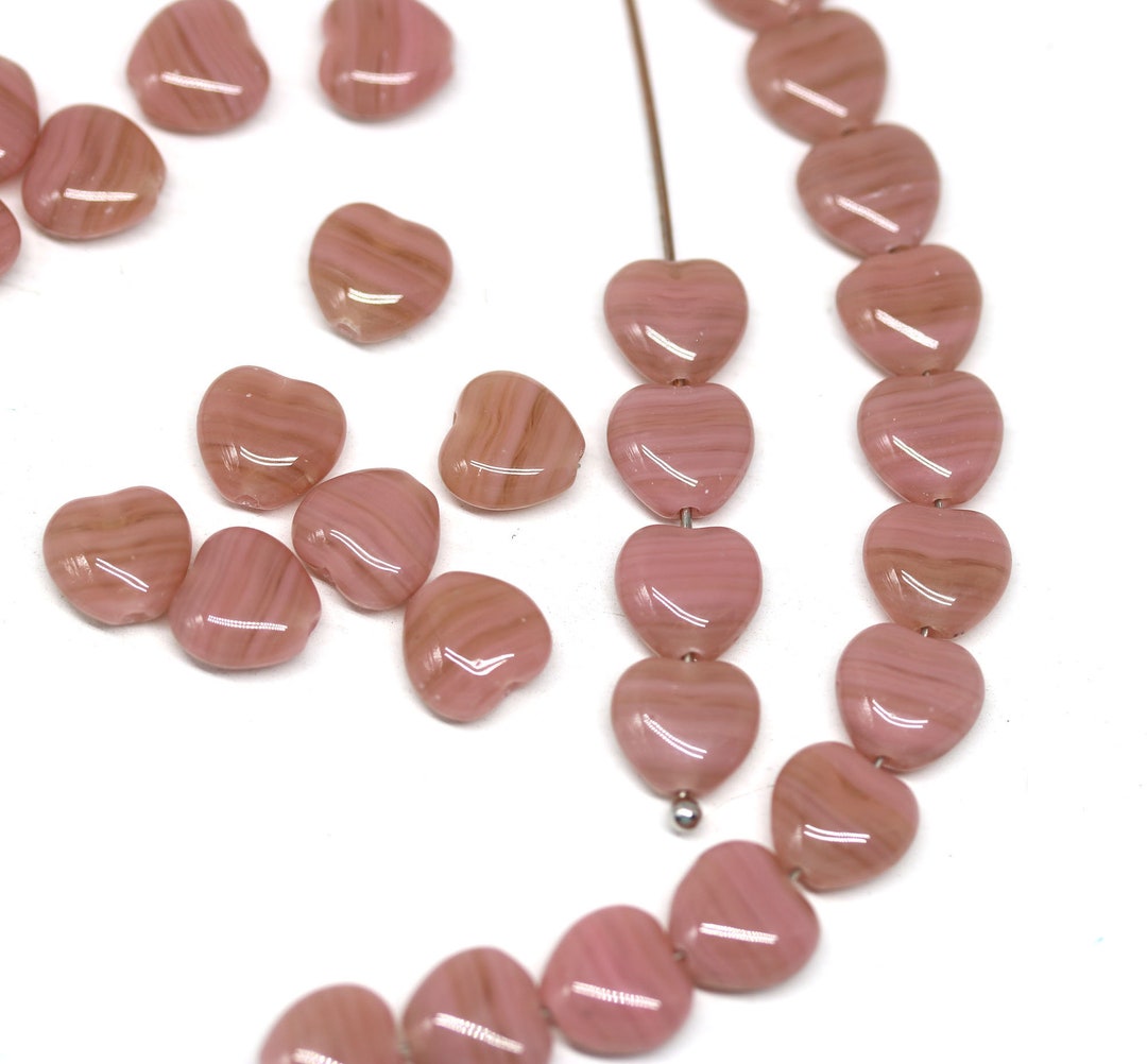 8mm Powder Pink Czech Glass Heart Beads, Mixed Pink Heart Shaped