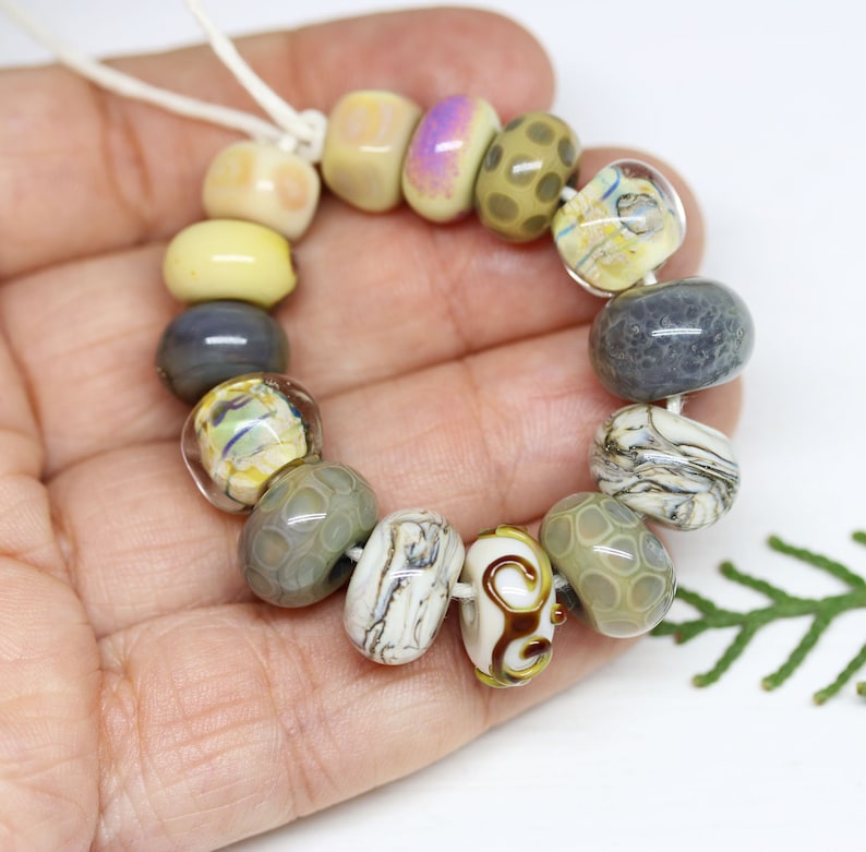 Beige Grey green Handmade lampwork glass round beads mix 14pc Neutral beads set Murano glass One of a kind beads by MayaHoney SRA