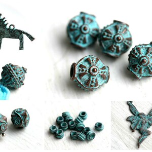 May include: Assortment of turquoise blue and copper colored metal beads and charms.  The beads have intricate designs and are perfect for jewelry making.  There is a horse charm, a fairy charm, and a variety of round beads.