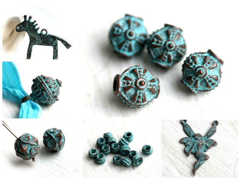 May include: Assortment of turquoise blue and copper colored metal beads and charms.  The beads have intricate designs and are perfect for jewelry making.  There is a horse charm, a fairy charm, and a variety of round beads.