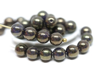 6mm druk Czech glass beads Metallic dark green round spacers - 30Pc - 1543