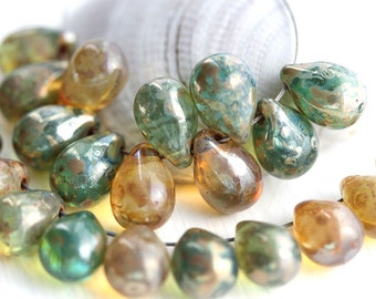 Picasso teardrop beads mix, Green and yellow lustered travertin drops, Czech Glass - 6x9mm - 20pc - 0222