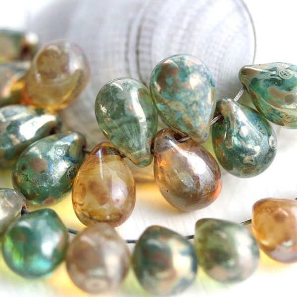 Picasso teardrop beads mix, Green and yellow lustered travertin drops, Czech Glass - 6x9mm - 20pc - 0222