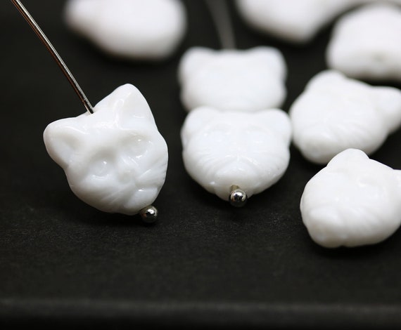 White Cat Beads: Opaque Czech Glass Feline Kitty Beads (10pc)