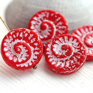 Red glass beads, Red and white spiral czech glass circle beads, round fossil bead, snail - 17mm - 4Pc - 2194