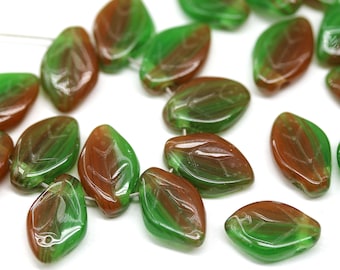 12x7mm Green brown leaf beads Czech glass beads green pressed leaves top drilled 30Pc - 3671