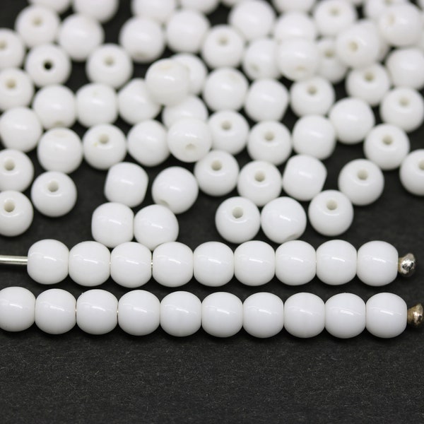 4mm Opaque white Czech glass beads, 4mm round druk spacers, about 90Pc - 2411