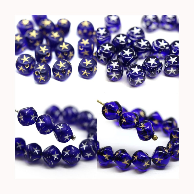 7mm Dark blue cube beads gold silver stars ornament czech glass cubes 20pc image 1