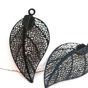 2pc Black Filigree Leaf Charms: Laser Cut Metal Pendants