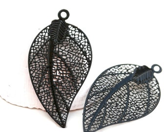 2pc Black Filigree Leaf charms, Thin Laser cut stamping filigree leaves, Metal leaf pendant bead - F544