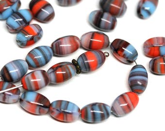 Red Blue oval beads, Mixed color Blue glass beads, red czech glass barrel beads, Druk oval beads 9x6mm  - 30Pc - 1575