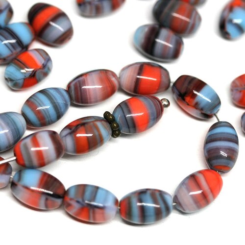 Red Blue Oval Beads Mixed Color Blue Glass Beads Red Czech Etsy
