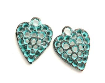 Green Patina Filigree Heart charms Copper Heart pendant beads Greek metal casting boho jewelry charms, Lead Free - F647