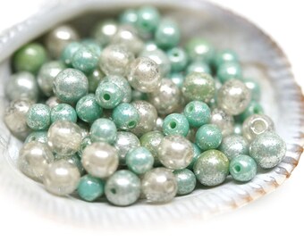 Turquoise Silver beads mix, 4mm round glass beads, 3mm small spacers, Druk czech glass beads - approx.100pc - 1706