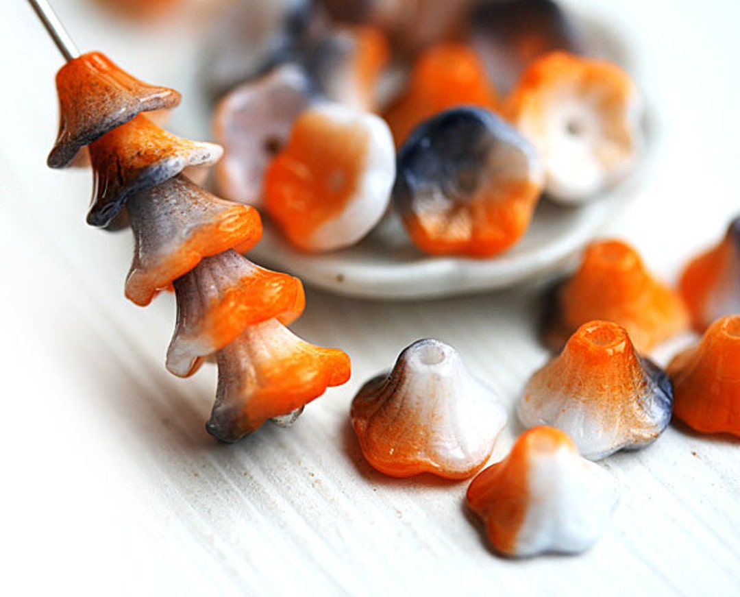 Orange Flower Beads, Orange Grey Mixed Color, Tiny Bell, Floral Czech ...