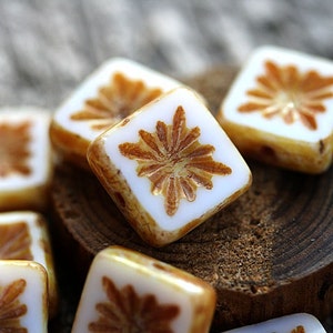 Picasso czech beads White Brown Czech glass beads, picasso finish, Fire polished carved squares - 10mm - 8Pc - 2795