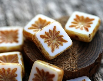 Picasso czech beads White Brown Czech glass beads, picasso finish, Fire polished carved squares - 10mm - 8Pc - 2795