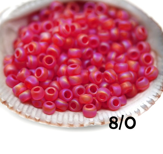 Red Seed Beads Toho Size 8/0, Transparent Rainbow Frosted Light Siam Ruby  165F, Beadweaving 10g S266 
