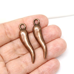 Long pepper pendant bead, Antique copper pepper charm for jewelry making, for leather cord, 2pc 2430 image 2