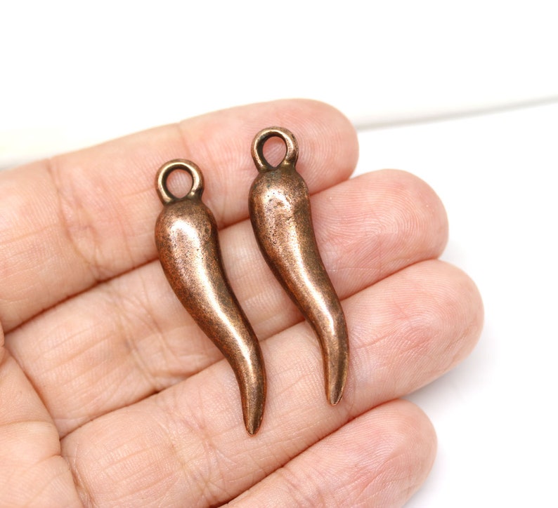 Long pepper pendant bead, Antique copper pepper charm for jewelry making, for leather cord, 2pc 2430 image 2