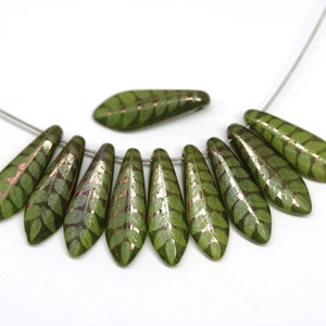 5x16mm Olive green Leaf ornament dagger czech glass beads Green leaf long tongue beads 10pc 2118 image 4