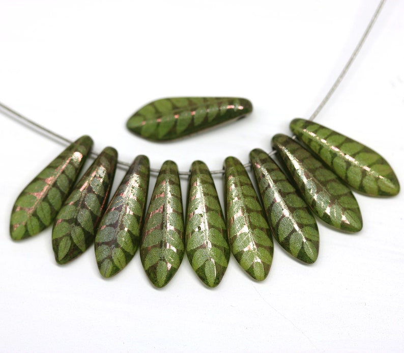 5x16mm Olive green Leaf ornament dagger czech glass beads Green leaf long tongue beads 10pc 2118 image 4