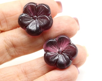 22mm Large dark purple flower bead Czech glass big five petal flowers