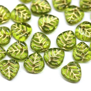 9mm Olive green leaf beads golden wash Olivine heart shaped triangle leaf Czech glass small leaves, 30pc 0027 image 1