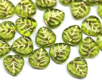 9mm Olive green leaf beads golden wash Olivine heart shaped triangle leaf Czech glass small leaves, 30pc - 0027