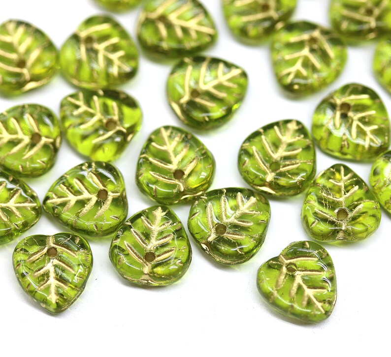 9mm Olive green leaf beads golden wash Olivine heart shaped triangle leaf Czech glass small leaves, 30pc 0027 image 1