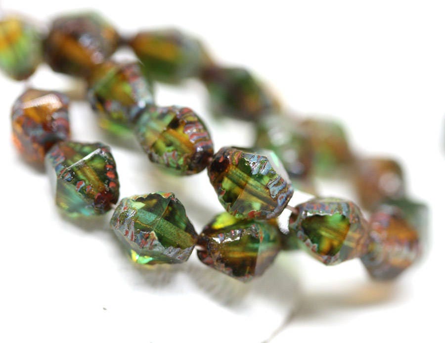 9mm Picasso Green Bicone beads Rustic czech glass carved aged beads 2898 15Pc