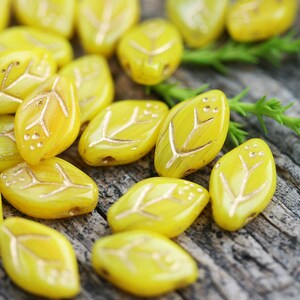 12x7mm Yellow Leaf beads Golden Inlays Czech glass pressed yellow leaves top drilled 25Pc 1077 image 2