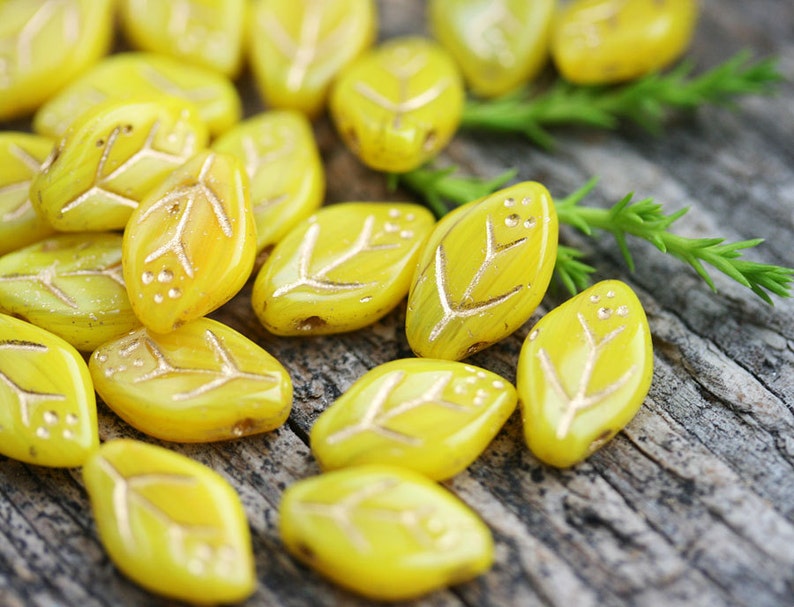 12x7mm Yellow Leaf beads Golden Inlays Czech glass pressed yellow leaves top drilled 25Pc 1077 image 2