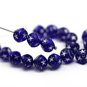 7mm Dark blue cube beads gold silver stars ornament czech glass cubes 20pc image 10