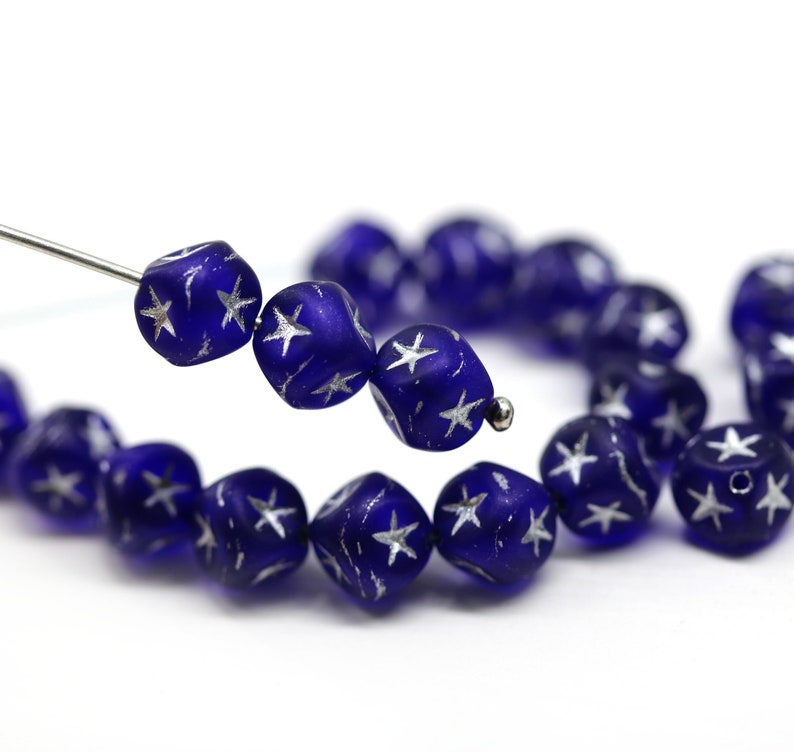 7mm Dark blue cube beads gold silver stars ornament czech glass cubes 20pc image 10