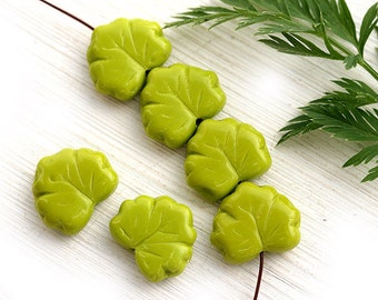 Green Maple leaves, Czech glass leaf beads - light Olivine, olive green opaque pressed beads - 11x13mm - 10Pc - 1934