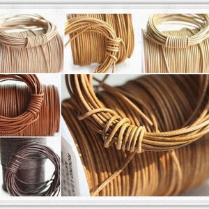 May include: Close-up of spools of leather cord in various colors, including brown, tan, and white. The cord is wound tightly around the spools, creating a textured and intricate pattern.